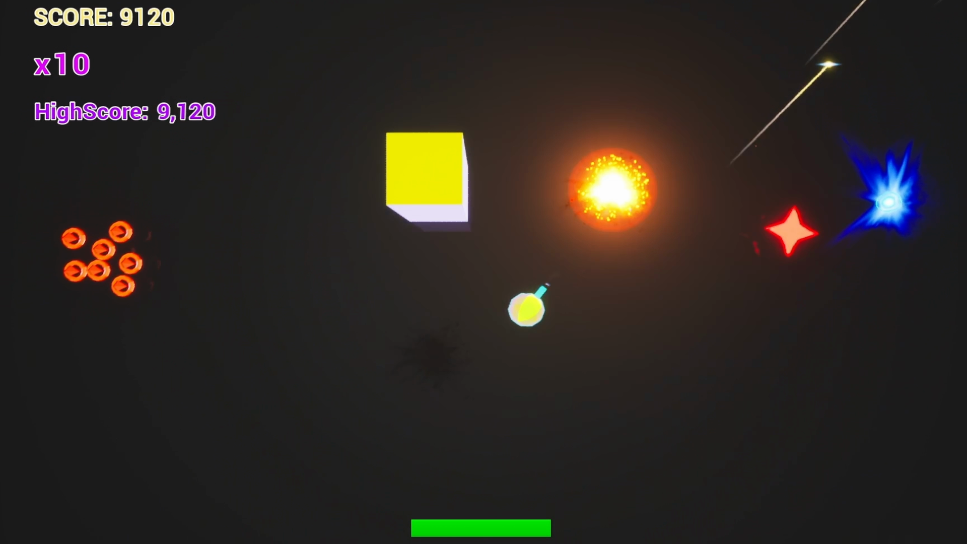 Gameplay of All Will Break: the player ship fires at a swarm of enemies under the score and multiplier HUD