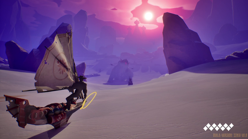 A sailing ship crossing a sand dune toward a glowing sun