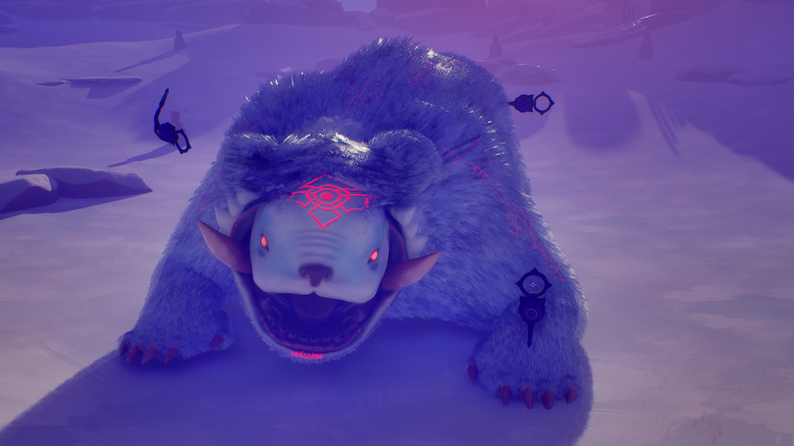 A giant furry creature with glowing red markings facing the camera